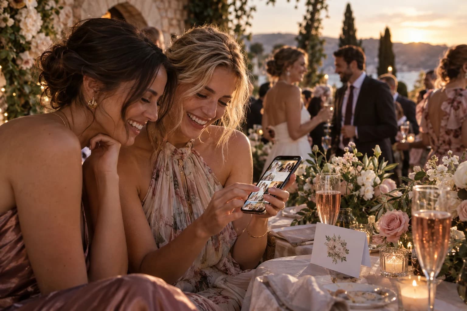 Wedding guests opening a shared photo album together on a phone
